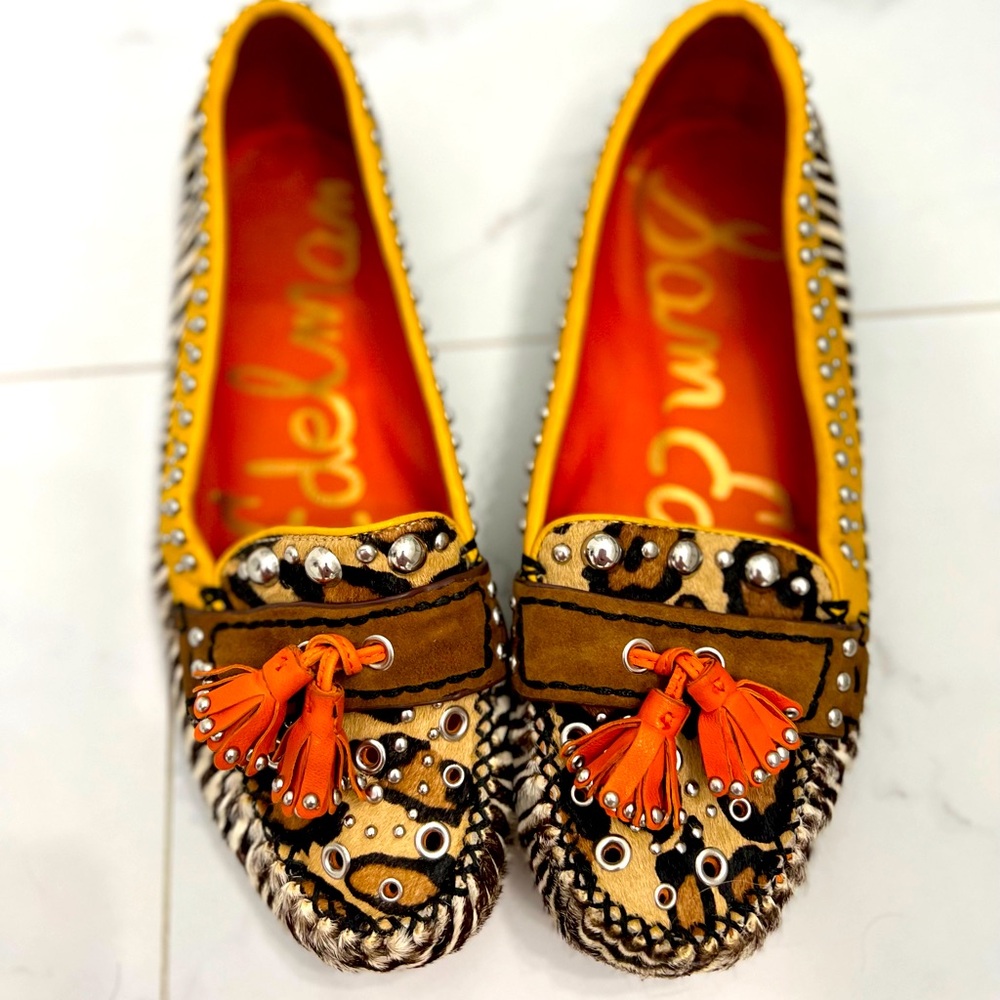 Sam Edelman Aurora Leather Zebra Animal Print Calf Hair Tassel Loafers Size 7.5